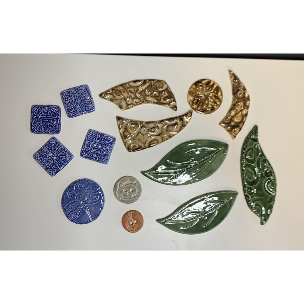 Vintage Handmade Hand-Painted Ceramic Buttons Abstract Shapes Nature Lot of 14